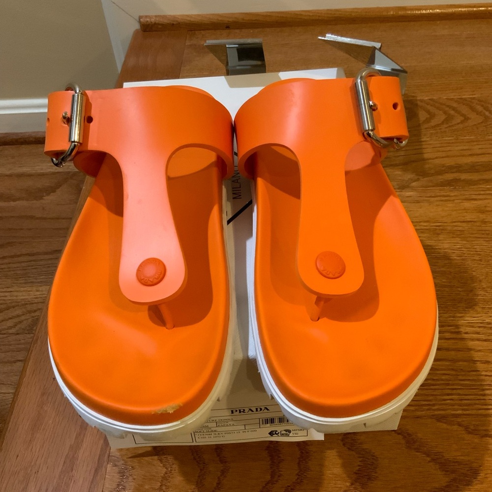 Prada Thong Silver Buckle Sandals